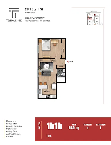 Floor plan 1 Bed 1 Bath - 540 sqft