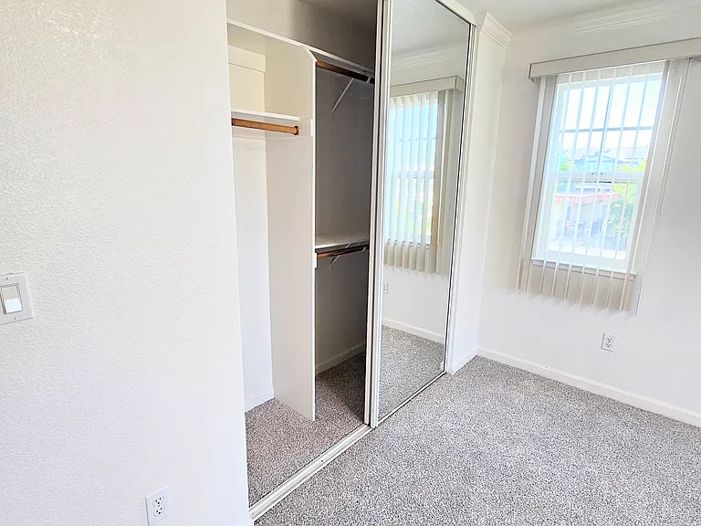 Mirrored closet with built in shelving and high/low hanging on one side