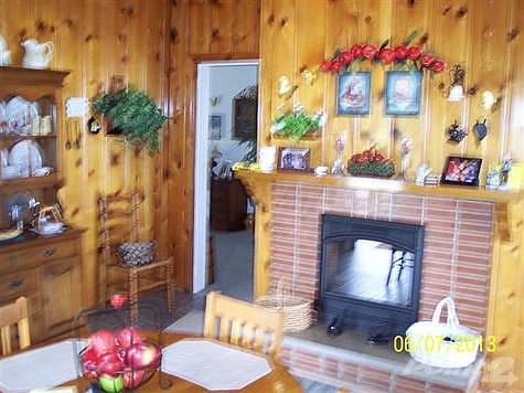 fireplace with electric logs in kitchen