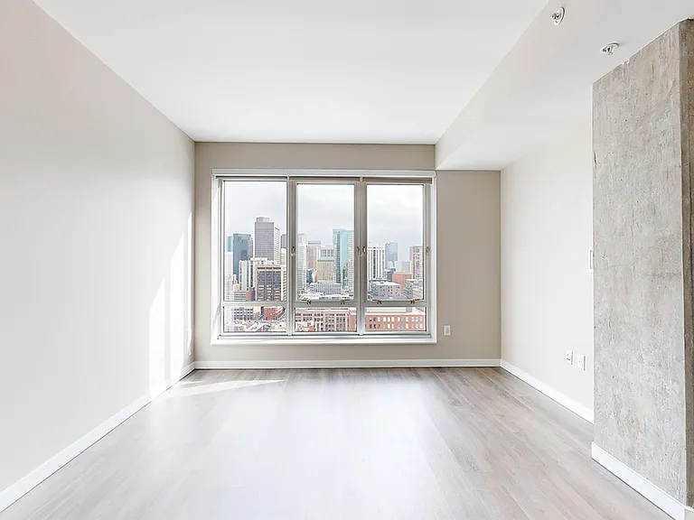 Apartment living room with wood-style flooring.