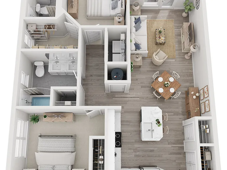 Explore the elegant design of this two-bedroom apartment with an open-concept floor plan. Explore the elegant design of this two-bedroom apartment with an open-concept floor plan.