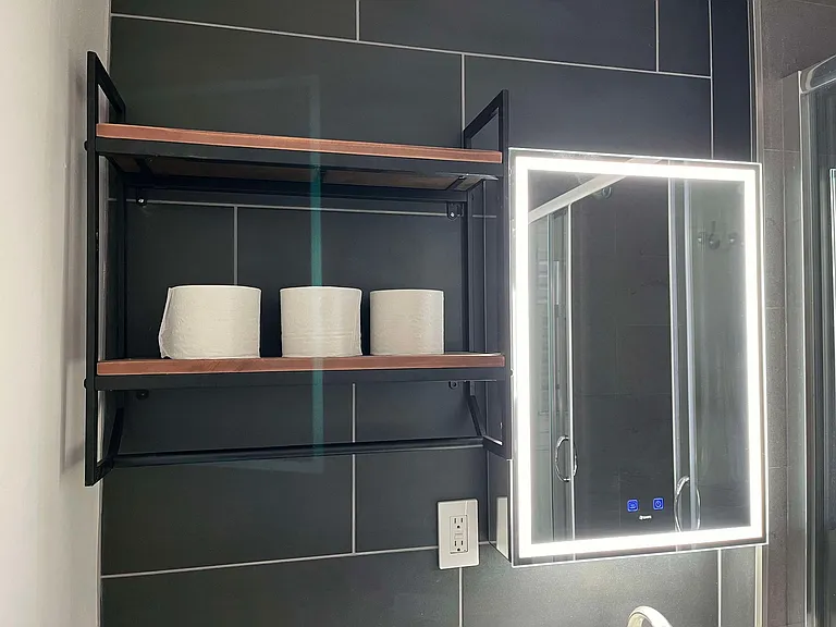 Bathroom #2 (LED lit medicine cabinet, wall shelving, Porcelanosa tiles)