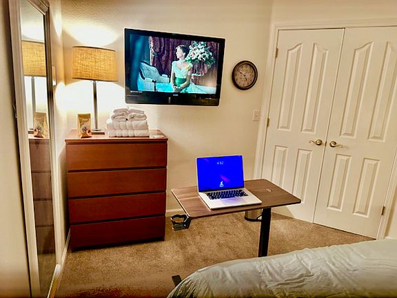 HDTV, high-speed internet, streaming all major platforms, or use your own HDMI device, e.g., Chromecast or Firestick. Bedside table for dining in, or work desk