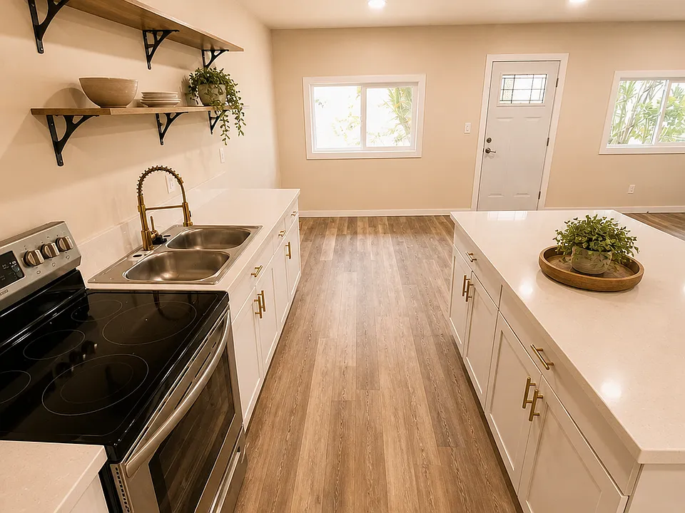 Open concept living room, dining room and kitchen. 

Photos have been digitally staged using AI.