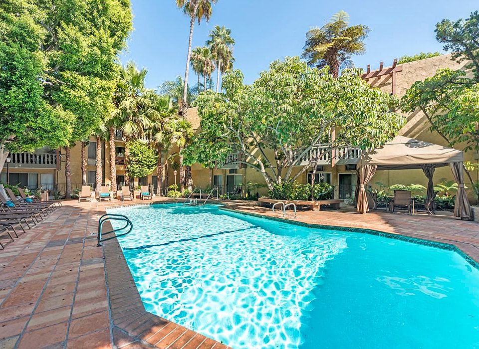 Year-round resort-style heated pool at Mediterranean Village Apartment Homes