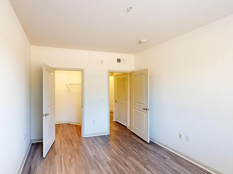 Spacious apartment bedroom with large closet and wood-style flooring.