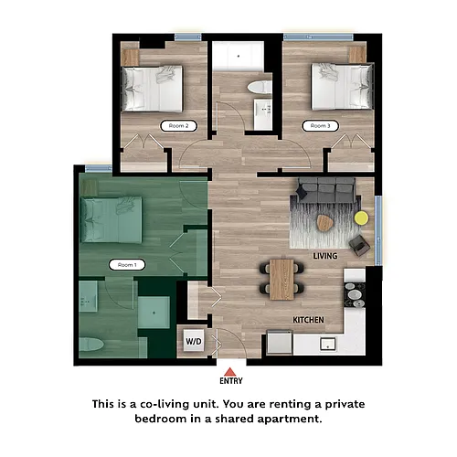 Floor plan Private Bed in a 3 Bed 2 Bath B - RM1-Private Bath