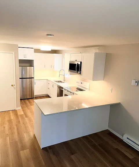 Fully remodeled kitchen with new cabinets, flooring, countertops and dishwasher.