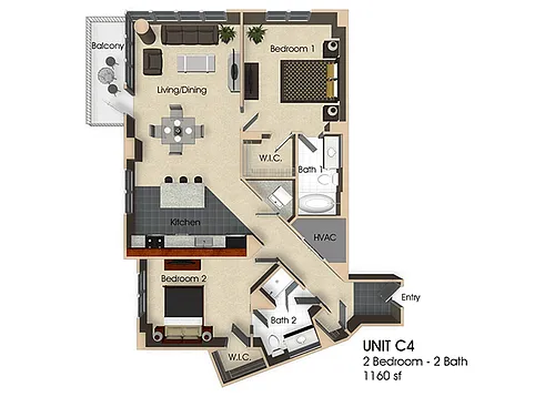 Floor plan (C4) 2 Bedroom - 2 Bathrooms