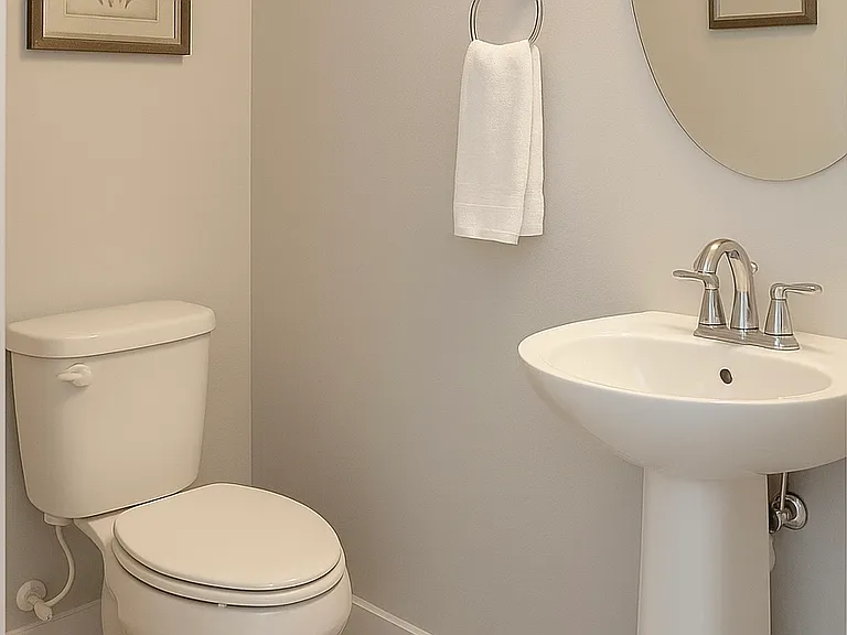 Stylish half bath on the main floor with modern fixtures, ideal for guests.