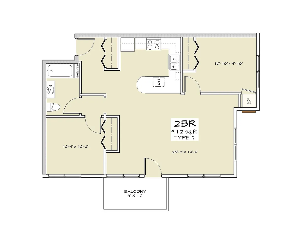 Floor plan 2 BDRM 912 SF