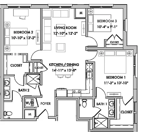 Floor plan Mansions 1 3 Bed/2 Bath-C7