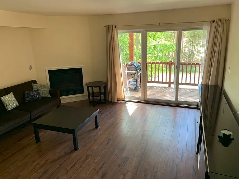 Living room with gas fireplace and deck