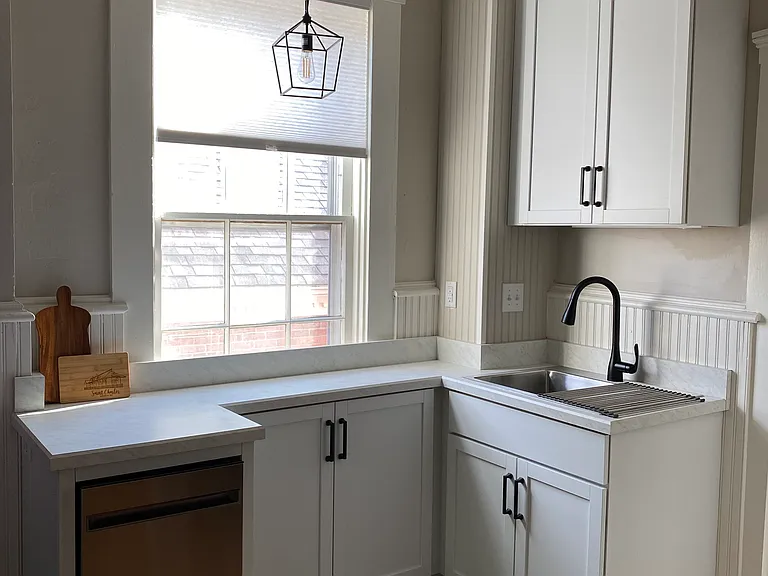New cabinets, sink, disposal, and dishwasher.