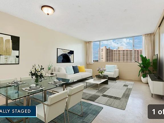 Virtually staged living room. The bedroom facing the street has a solid wall and does not expand the room like the picture.