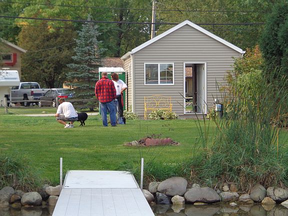 View from lake to garage