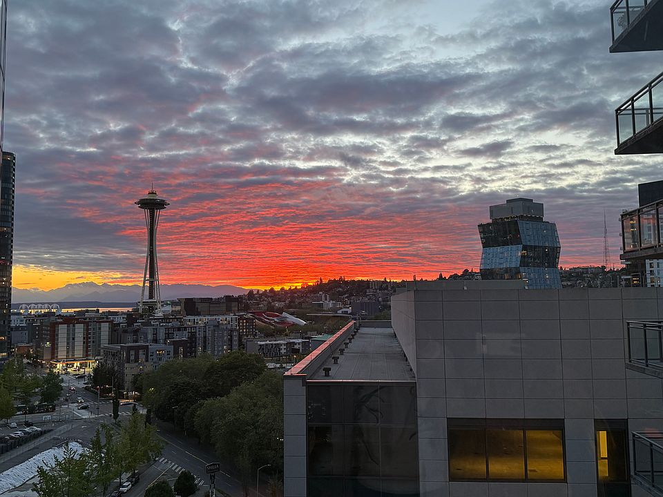 View of mountains, Elliot Bay, and space needle, from living room