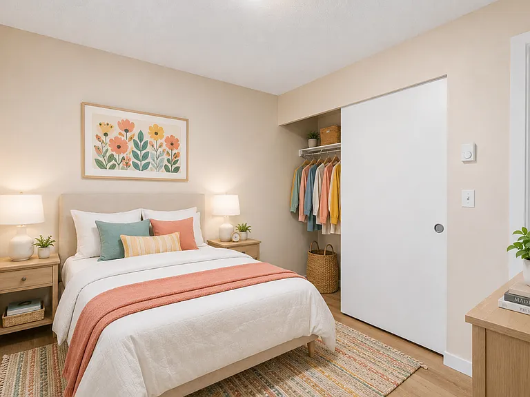 A bright and inviting second bedroom with cheerful accents, generous closet storage, and a flexible layout for guests, family, or a home office. A bright and inviting second bedroom with cheerful accents, generous closet storage, and a flexible layout for