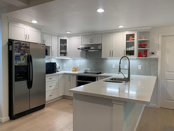 Kitchen full view: refrigerator + dishwasher + hood + stove + electrical cooktop