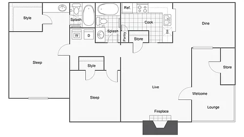 Floor plan 2 BR x 2 BA with W/D - B