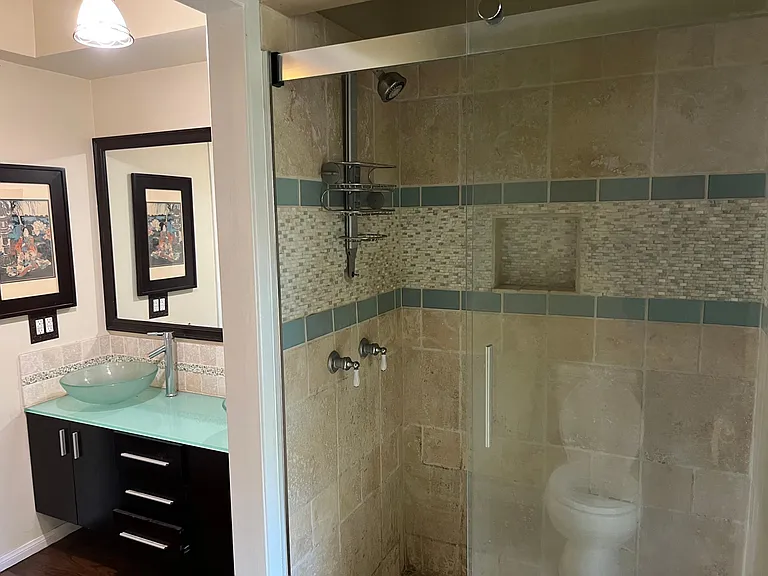 Newer stone and glass tiled shower.