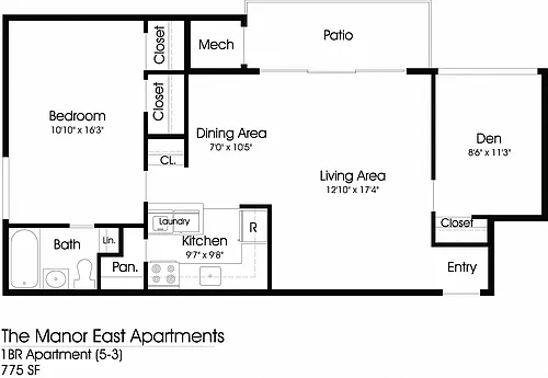 Floor plan Manor East 1BR 1BA (775sf)