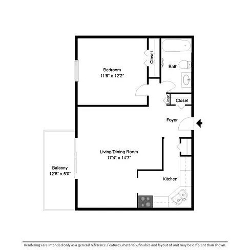 Floor plan 1 Bed 1 Bath Style A