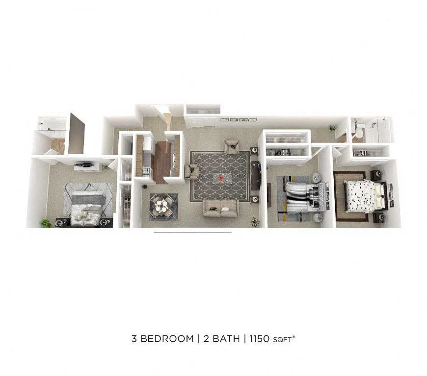 Floor plan Three Bedroom 2 Bath - 1,150 sqft