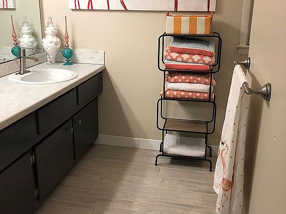 Hall bathroom double sinks. 