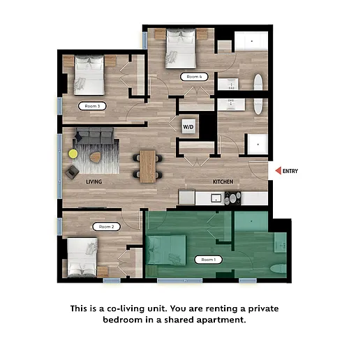 Floor plan Private Bed in a 4 Bed 3 Bath B - RM1-Private Bath