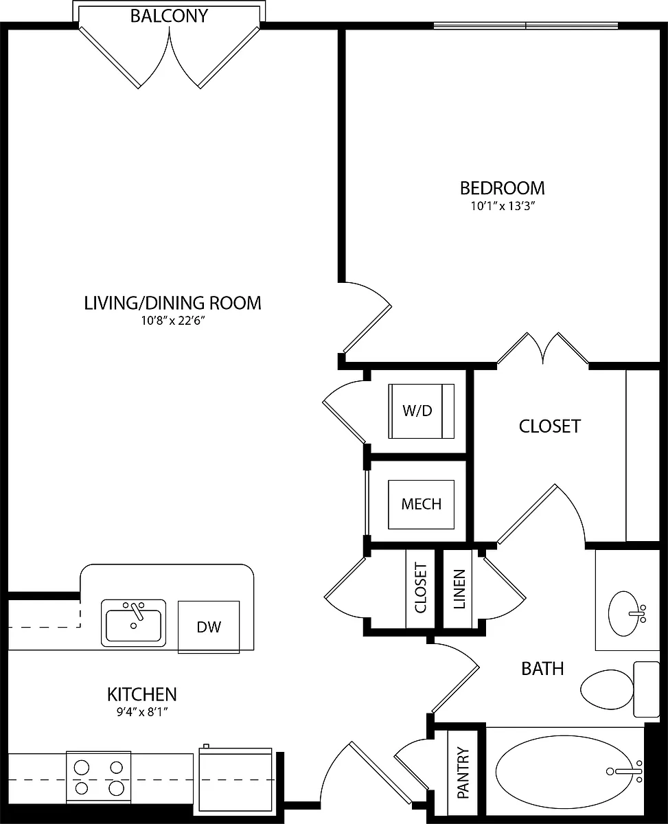 Floor plan 1 Bedroom, 1 Bath 691 SF KA1
