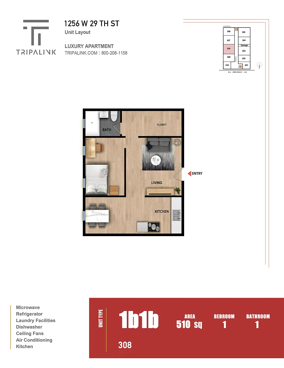 Floor plan 1 Bed 1 Bath - 510 sqft