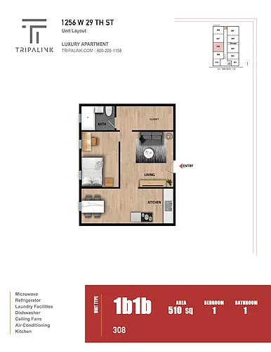 Floor plan 1 Bed 1 Bath - 510 sqft