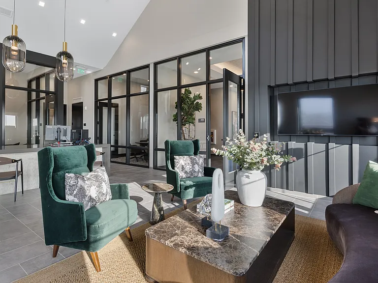 Resident lounge and coworking area at Montage West Lafayette.