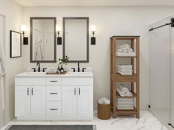 Primary bath with matte black mirrors and dual sinks