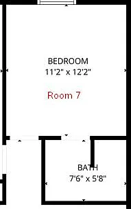 Room layout diagram shows an 11'2" x 12'2" bedroom with an adjacent 7'6" x 5'8" bathroom.