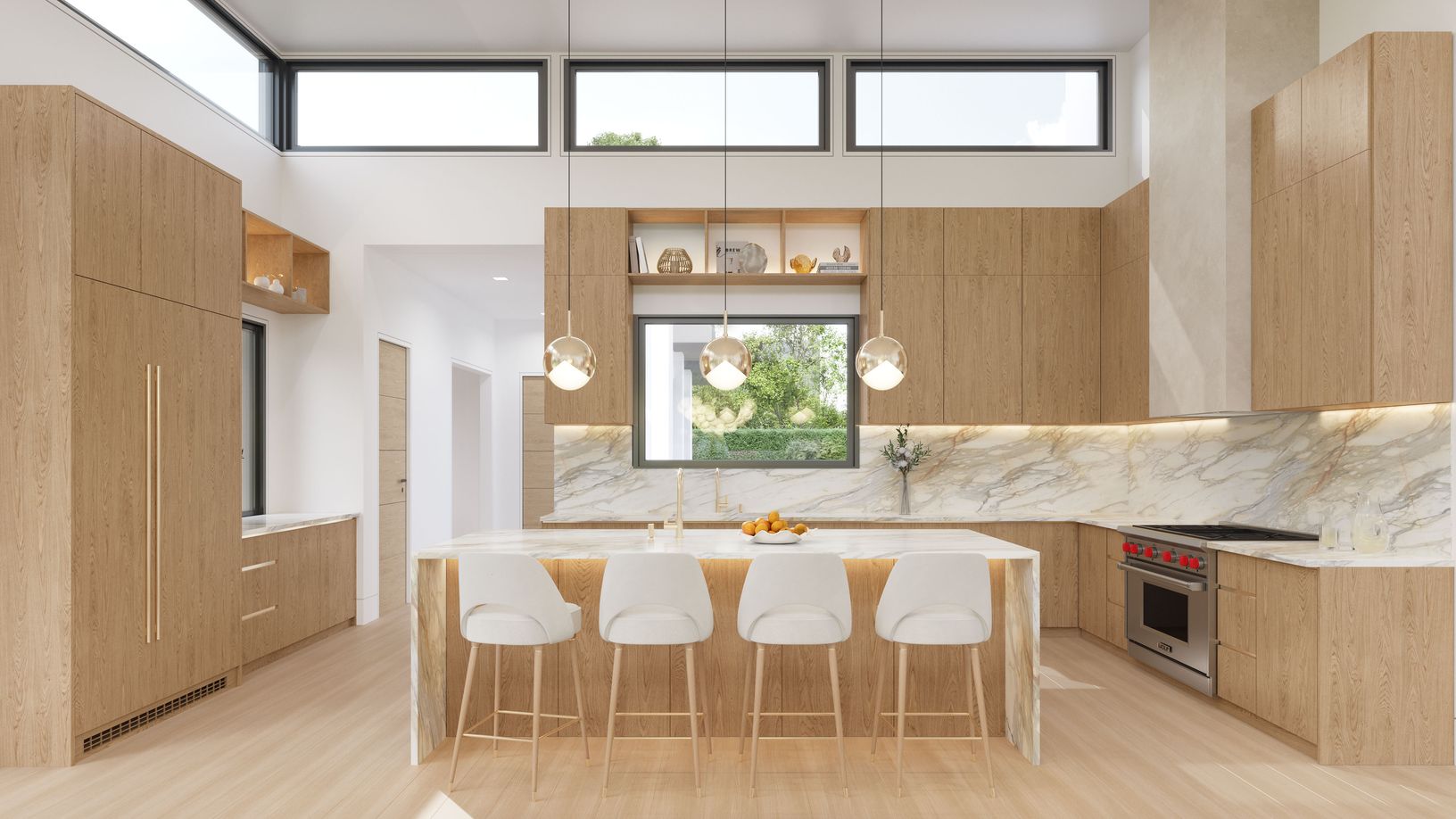 A waterfall marble island anchors the space.