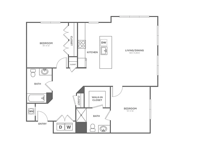Floor plan Two Bedroom Two Bath (1,152 SF)