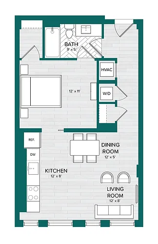Floor plan 1 Bed 1 Bath Junior-B2.1