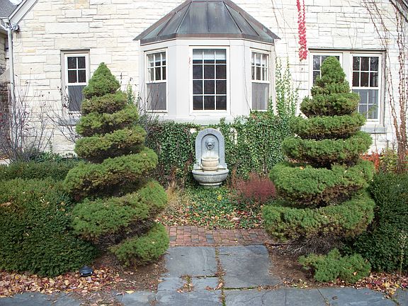Patio, fountain, landscaping