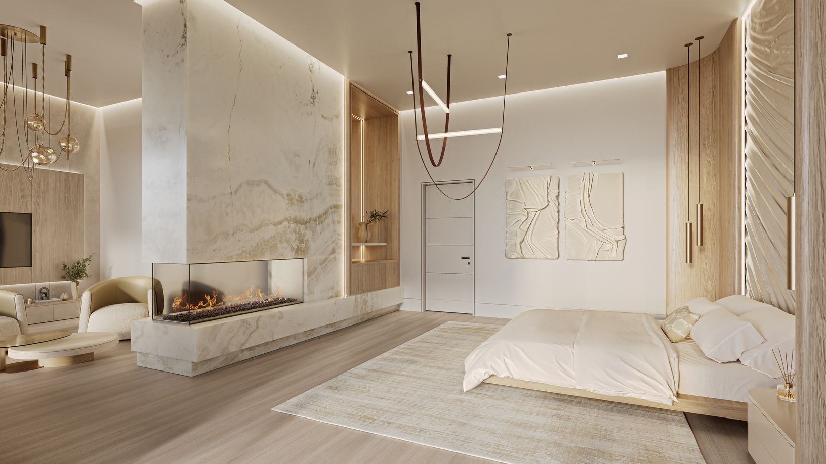 A lower-level primary retreat anchored by a sculptural double-sided fireplace & bespoke wall panel.