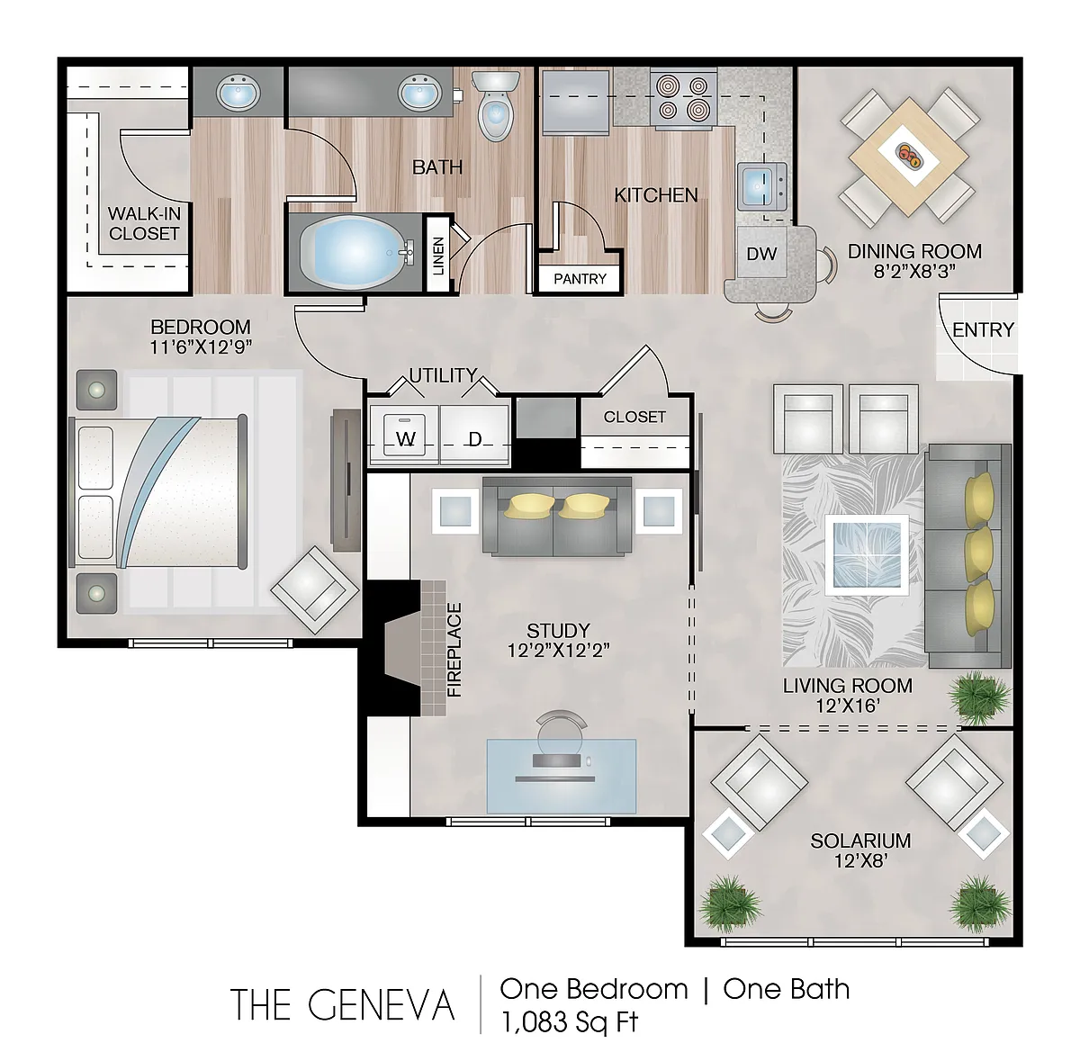 Floor plan The Geneva - 1BR with Den