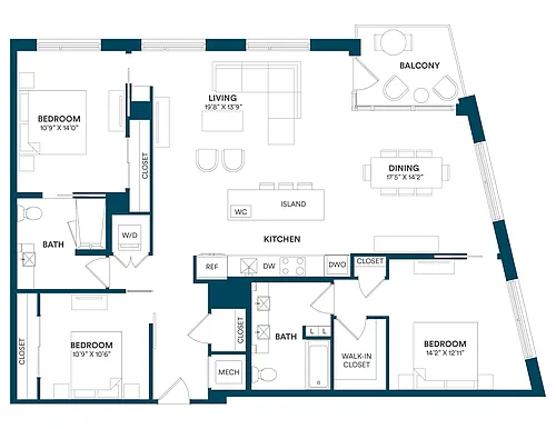 Floor plan 2 Bed/2 Bath Den-E1 TYP 20