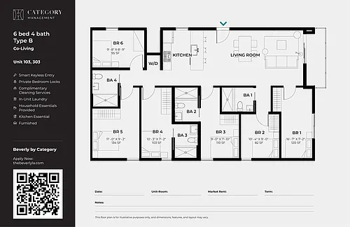 Floor plan Private Room in Shared 6 Bed 4 Bath (B)