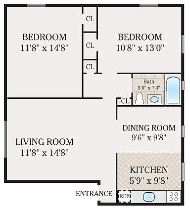 Floor plan 2 Bed 1 Bath Standard