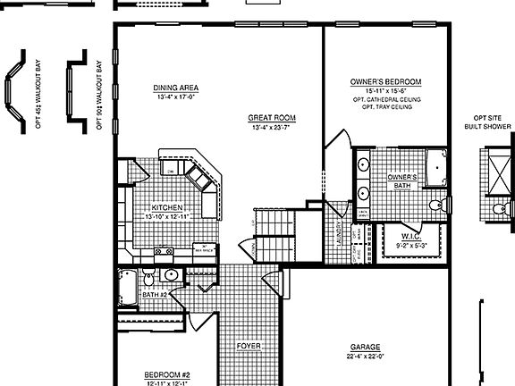 Floorplan drawing - Camden single family home - main level of ranch home with two bedrooms, living a