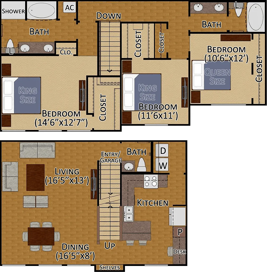 Floor plan 3x2.5 TH Floors 2 & 3 Garage