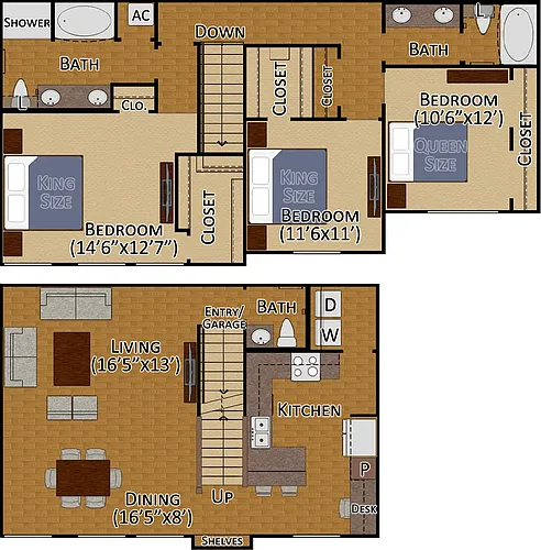 Floor plan 3x2.5 TH Floors 2 & 3 Garage