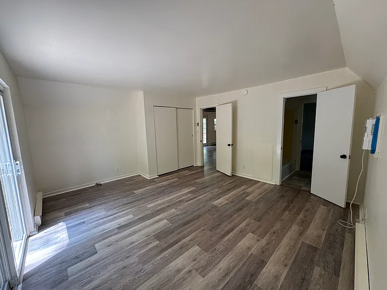 Primary bedroom with deck to the left, closet ahead, living next to closet doors and bathroom door on the right.
