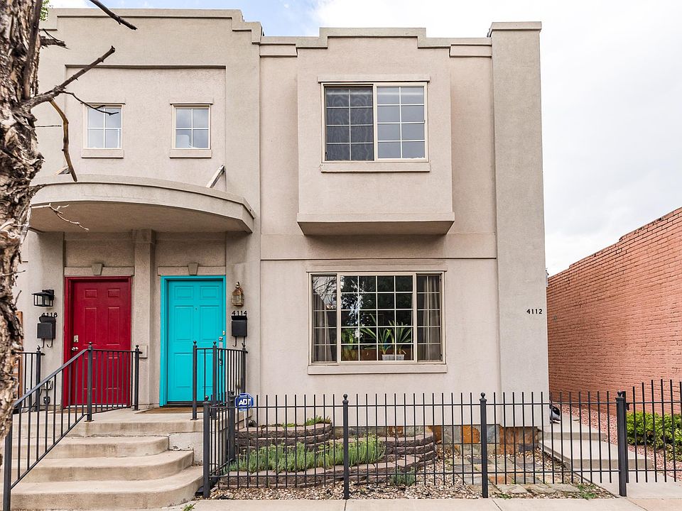 Front view of this charming row home, blue door side, 4114 Tejon Street, Denver, Co. Sunnyside neighborhood.